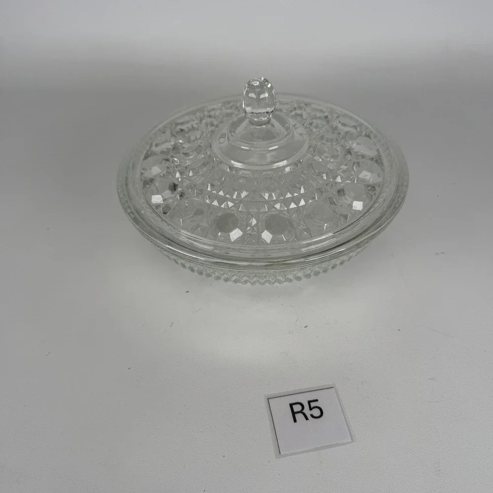 Vintage Clear Pressed Glass Candy Dish with Lid Diamond Point Thumbprint 8 Inch